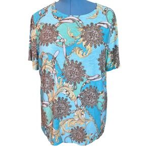 JM Collection Woman Turquoise Baroque Scarf Print Short Sleeve Top 1X